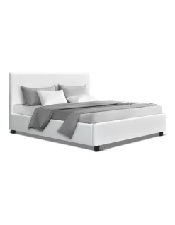 Double Full Size Bed Frame Base Mattress Platform White Leather Wooden NEO