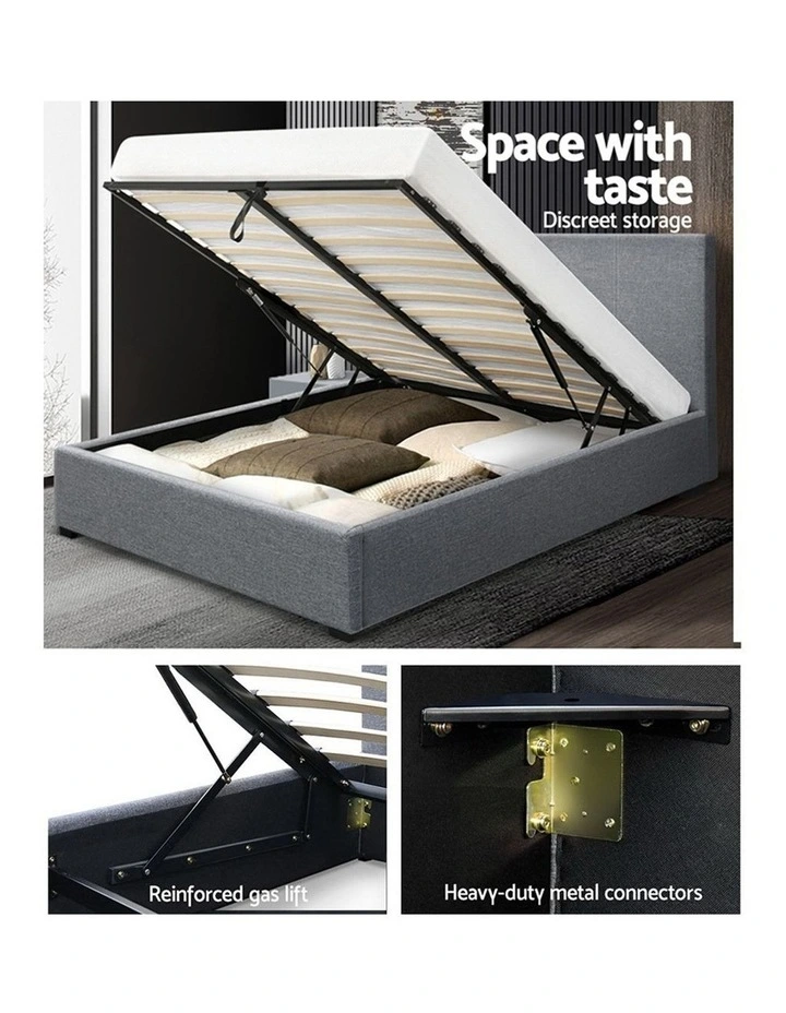 Double Size Bed Frame Gas Lift Linen Fabric Wooden Storage Steel Grey 6 Double Size Bed Frame Gas Lift Linen Fabric Wooden Storage Steel Grey - Image 4