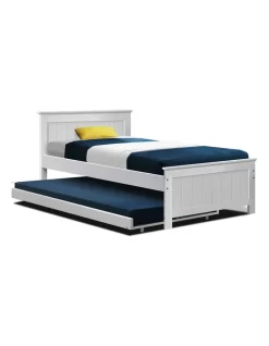 KING SINGLE Size Pull Out Trundle Bed Frame Timber Pine Wood White Mattress Base Platform Bedroom Drawers