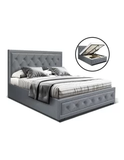Bed Frame Double Full Size Gas Lift Base With Storage Grey Fabric TIYO
