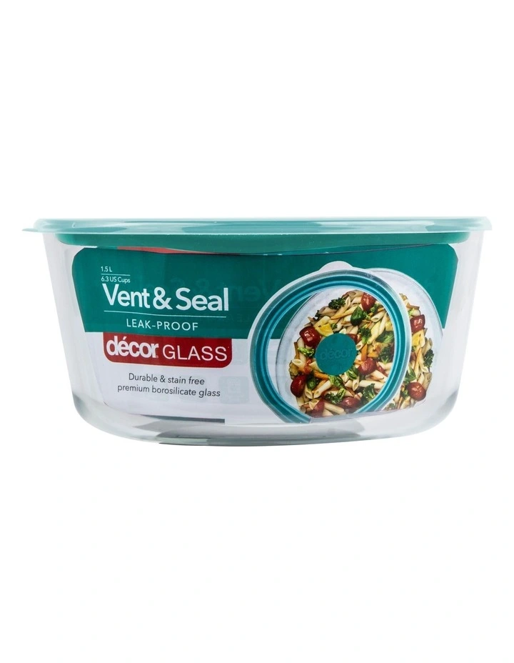 Vent & Seal 1.5L Glass Round Food Storage Teal 3 Vent & Seal 1.5L Glass Round Food Storage Teal