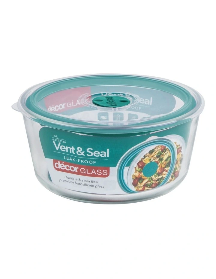 Vent & Seal 1.5L Glass Round Food Storage Teal 4 Vent & Seal 1.5L Glass Round Food Storage Teal - Image 2