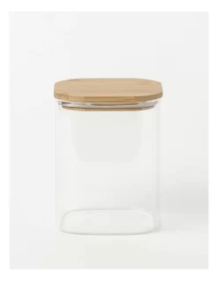 Square Bamboo And Glass Storage Canister With Lid 1300ml