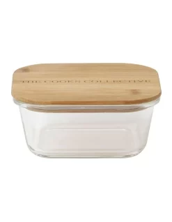 Square Bamboo And Glass Storage Canister With Lid 800mL