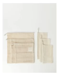 Set Of 6 Assorted Natural Muslin And Mesh Produce Bags