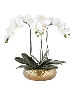 Real Touch PEVA 3 Stems White Phalaenopsis Arrangement Golden Pot