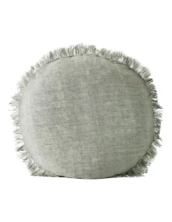 Vintage Linen Fringe 45cm Round Cushion In Sage