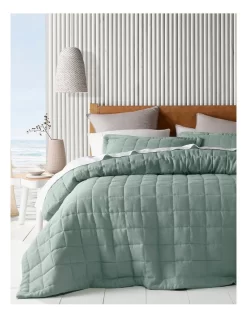 Sandy Cape Washed Belgian Linen Quilted Coverlet Eucalyptus