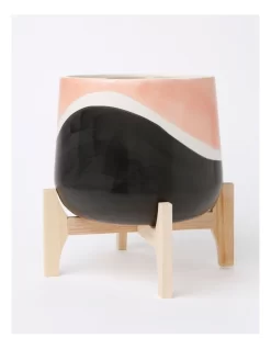 Halden Ceramic Planter With Bamboo Stand 27m In Multi