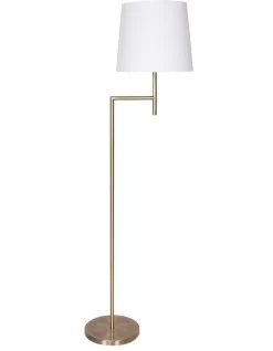 Metal Floor Lamp In Antique Brass Finish With Cream Linen Fabric Shade