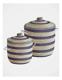 Heritage Skyros Seagrass Basket Set Of 2 In Natural/Blue