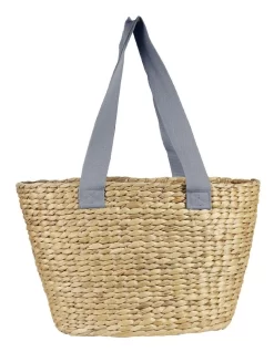 Hyacinth Bags Jumbo Tote Basket With Powder Blue Handles In Brown