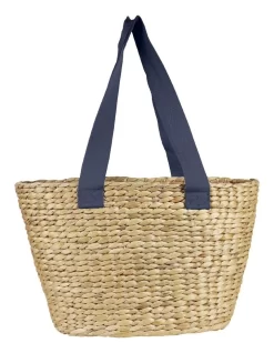 Hyacinth Bags Jumbo Tote Basket With Navy Blue Handles In Brown