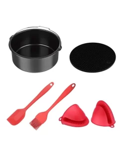 5 Piece 20.3cm Air Fryer Accessory Mat/Spatula/Tin/Brush/Mitt Bake Set In Black